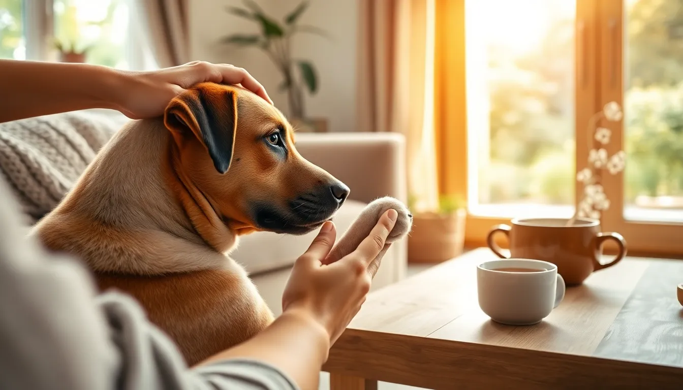 편안하게 발 마사지를 받고 있는 강아지